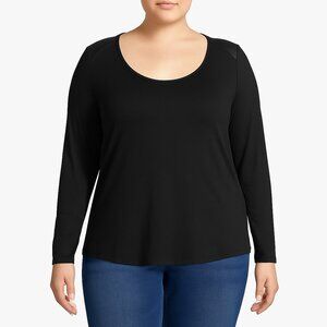 Twenty Leather Trim Long Sleeve Scoop Neck Top XL Fitted Rounded Hem